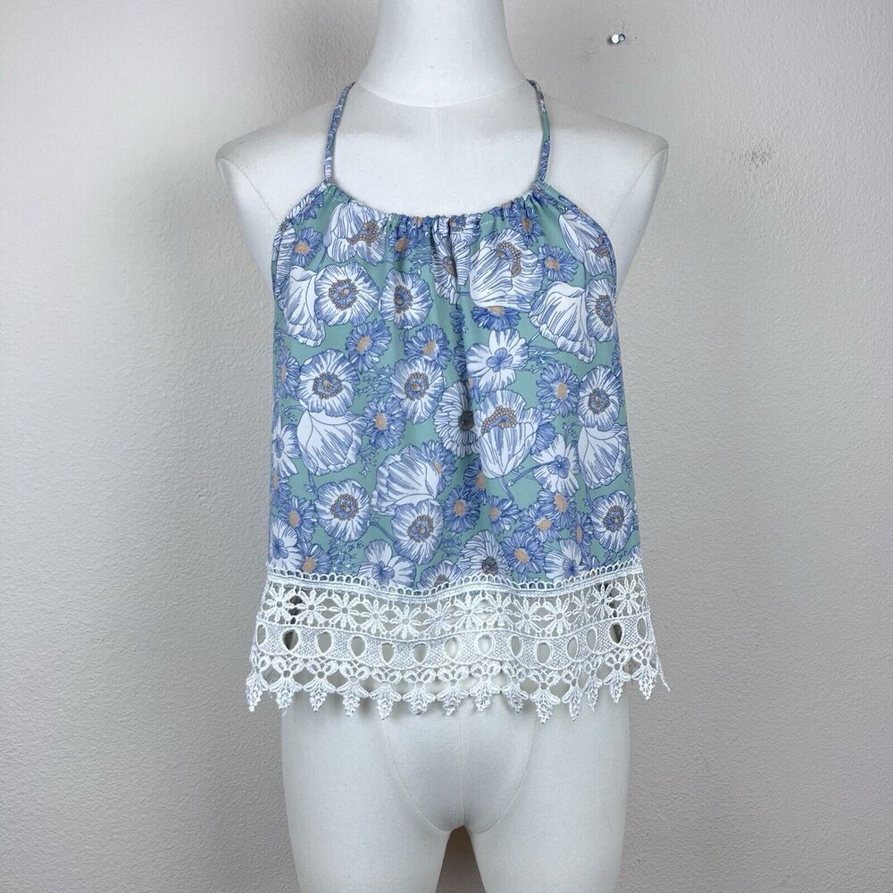 Vintage Top Womens Small Blue Floral Lace Blouse Tank Cropped 90s Y2K USA Boho